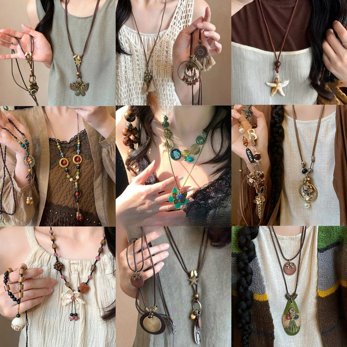 Ethnic Bohemian Wax Cord Wood Bead Butterfly Camera Alloy Pendant Necklace For Women