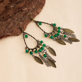 Vintage Bohemian Alloy Teardrop Hoop Green Beaded Leaf Chain Tassel Ethnic Long Dangle Earrings view 3