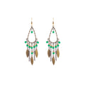 Vintage Bohemian Alloy Teardrop Hoop Green Beaded Leaf Chain Tassel Ethnic Long Dangle Earrings view 5