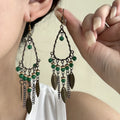 Vintage Bohemian Alloy Teardrop Hoop Green Beaded Leaf Chain Tassel Ethnic Long Dangle Earrings view 1