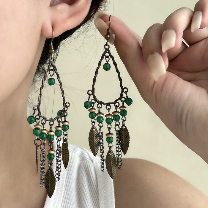Vintage Bohemian Alloy Teardrop Hoop Green Beaded Leaf Chain Tassel Ethnic Long Dangle Earrings