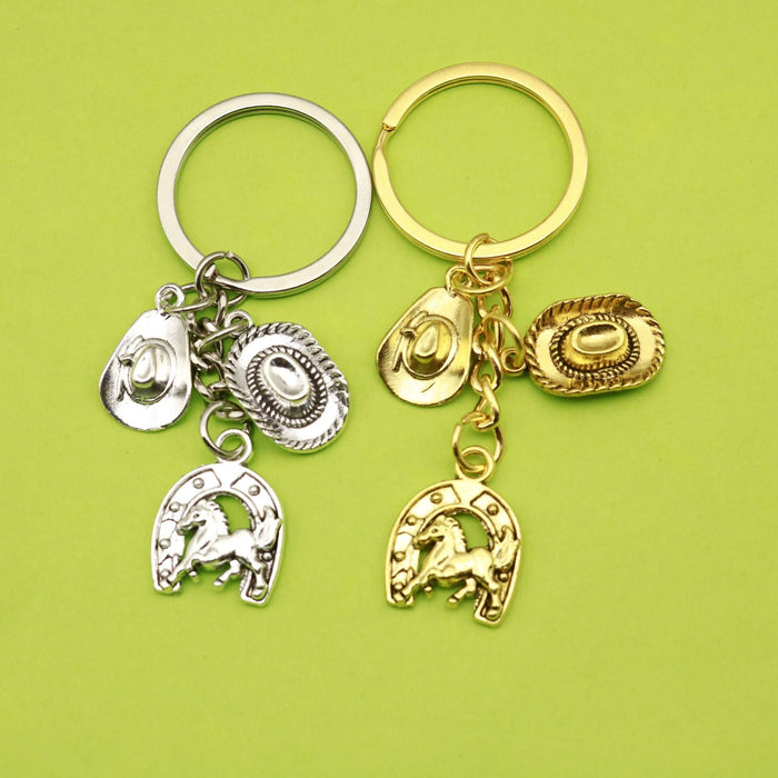 Antique Silver Zinc Alloy Western Horse Cowboy Hat Keychain Gift
