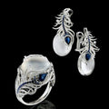 Silver Tone Peacock Feather Moonstone Blue Clip On Earrings view 3