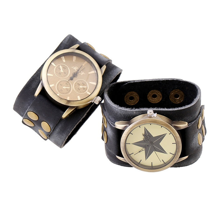 Punk Wide Genuine Leather Bracelet Watch Vintage Cowhide Men's Wristband For Supply