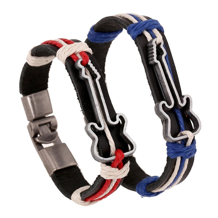 Alloy Guitar Cowhide Bracelet, European American Braided Vintage Leather Jewelry