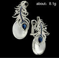 Silver Tone Peacock Feather Moonstone Blue Clip On Earrings view 4