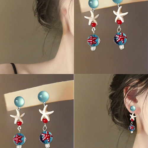 Resin Cat Eye Starfish Stud Earrings Geometric Beach Vacation Style Elegant Jewelry