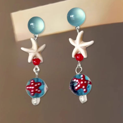 Resin Cat Eye Starfish Stud Earrings Geometric Beach Vacation Style Elegant Jewelry