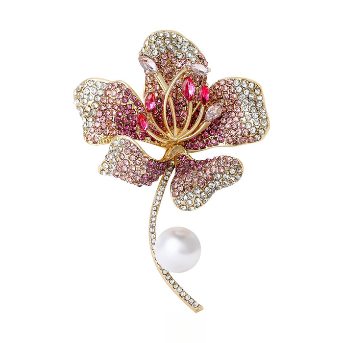 Alloy Pearl Hibiscus Brooch With Rhinestones For Elegant Accessories