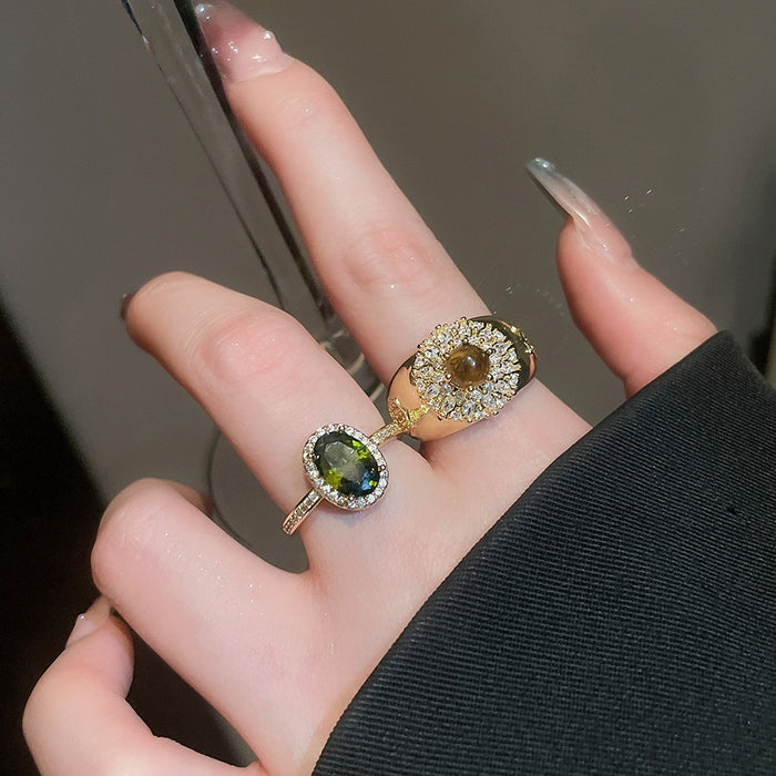 18K Gold Plated Zircon Tiger Eye Open Ring For Women