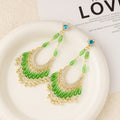 Elegant Green Crystal Beaded Tassel Hoop Drop Studs With Rhinestone Crescent Luxury Earrings view 2