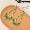 Elegant Green Crystal Beaded Tassel Hoop Drop Studs With Rhinestone Crescent Luxury Earrings view 4