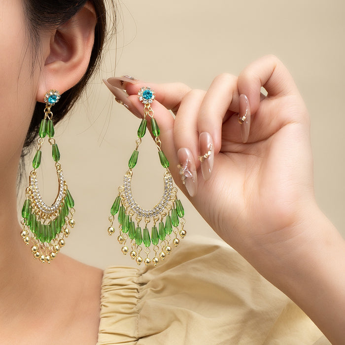 Elegant Green Crystal Beaded Tassel Hoop Drop Studs With Rhinestone Crescent Luxury Earrings
