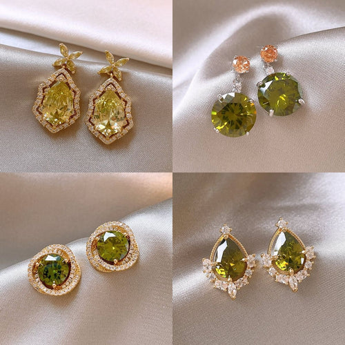 2026 New Green Heart Zircon Copper Stud Earrings Light Luxury Unique Elegant Jewelry