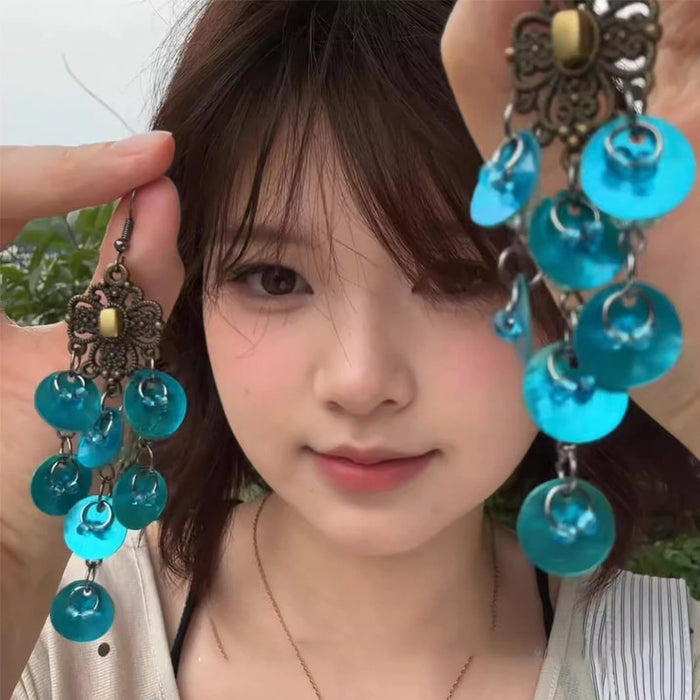 Peacock Blue Shell Tassel Drop Earrings, Ethnic Geometric Vintage Vacation Style