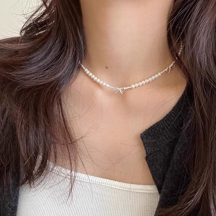Light Luxury Faux Pearl Bow Beaded Necklace For Women Summer Layered Clavicle Chain