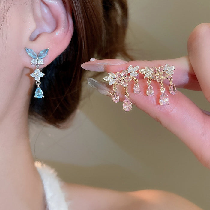 Chic Copper Zircon Butterfly Flower Tassel Drop Earrings With Silver Pins