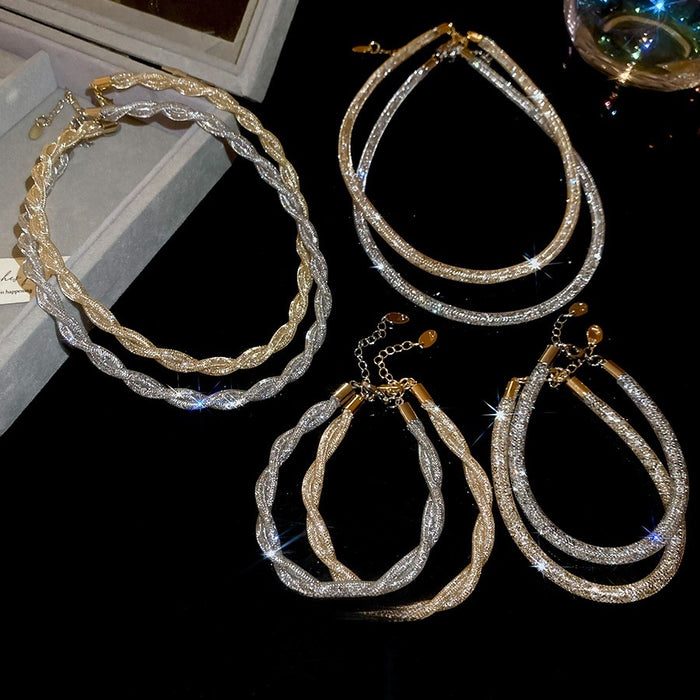 Copper Zircon Round Twisted Mesh Necklace Jewelry Set Light Luxury Geometric Collarbone Chain
