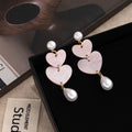 Elegant Pink Acrylic Double Heart Tassel Faux Pearl Drop Stud Earrings view 2