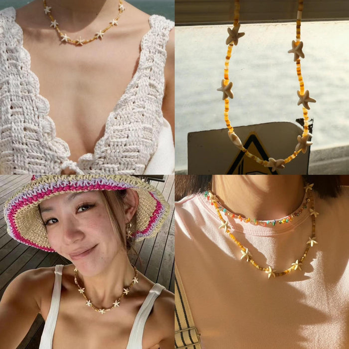 Vacation Style Stainless Steel Starfish Beaded Braided Necklace Bracelet Jewelry Set