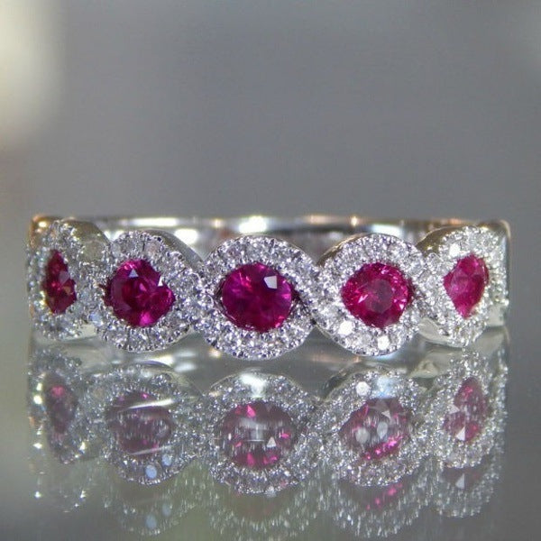 Green Or Magenta Five-Stone Halo Ring In Polished Silver Tone