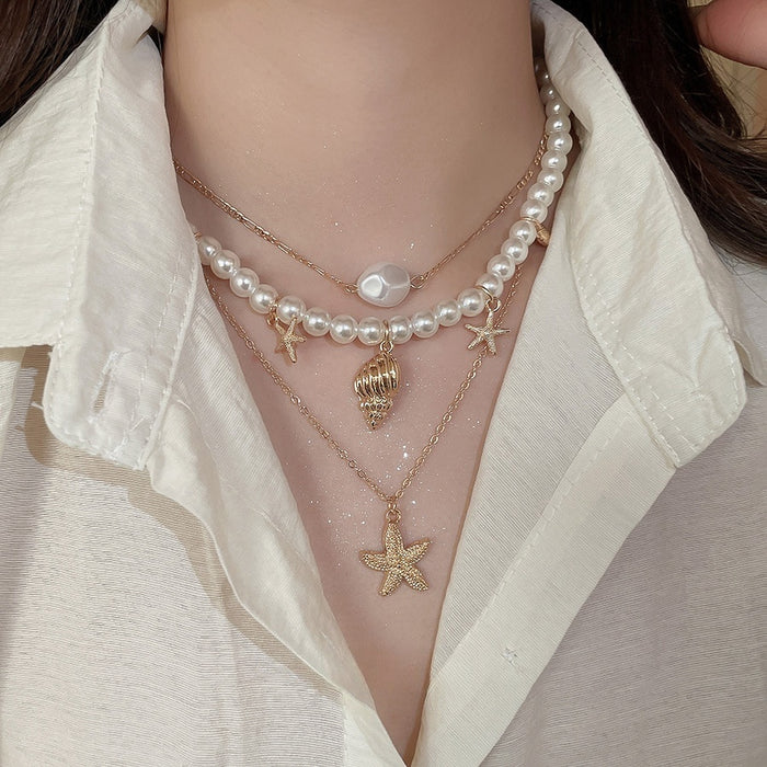 Light Luxury Faux Pearl Starfish Shell Multi Layer Pendant Necklace Vintage Court Style
