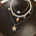 Light Luxury Faux Pearl Starfish Shell Multi Layer Pendant Necklace Vintage Court Style view 4