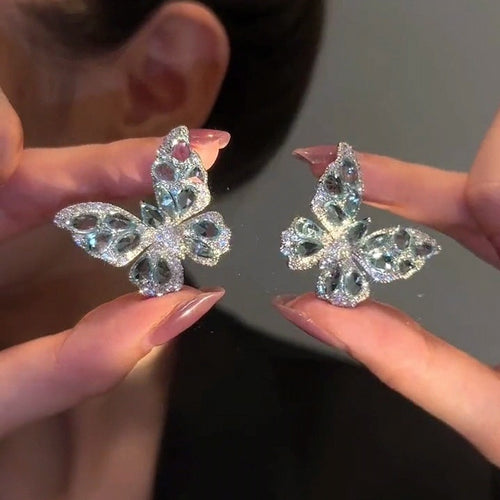 Light Luxury Copper Zircon Butterfly Stud Earrings Elegant Designer Insect Ear Jewelry