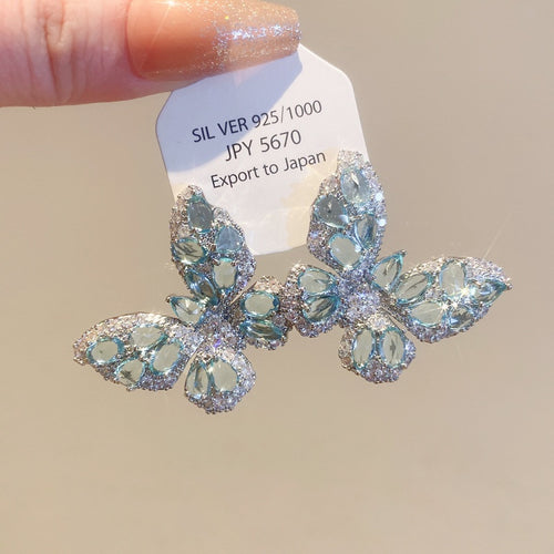 Light Luxury Copper Zircon Butterfly Stud Earrings Elegant Designer Insect Ear Jewelry