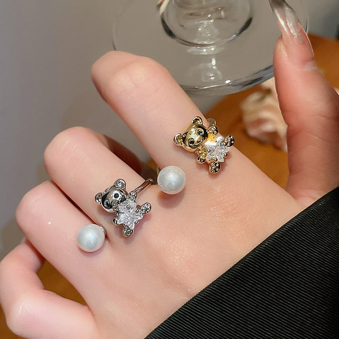 Cute Bear Star Open Ring With Faux Pearl And Zircon Light Luxury Adjustable Finger Jewelry