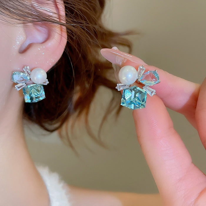 Light Luxury Geometric Square Faux Pearl Rhinestone Stud Earrings With Silver Posts