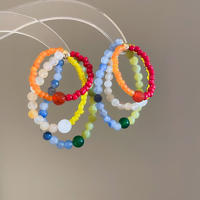 Colorful Dopamine Natural Stone Beaded Stud Earrings For Women Geometric Round Light Luxury Style