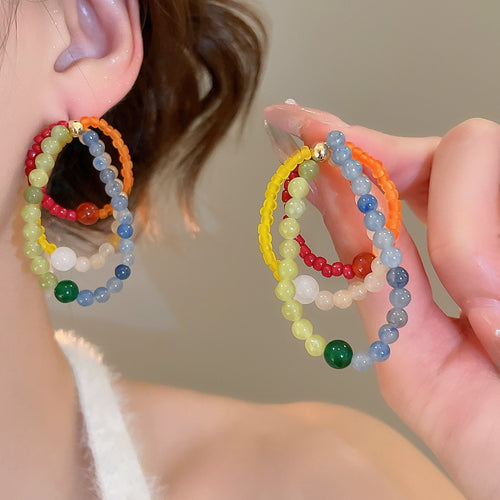 Colorful Dopamine Natural Stone Beaded Stud Earrings For Women Geometric Round Light Luxury Style