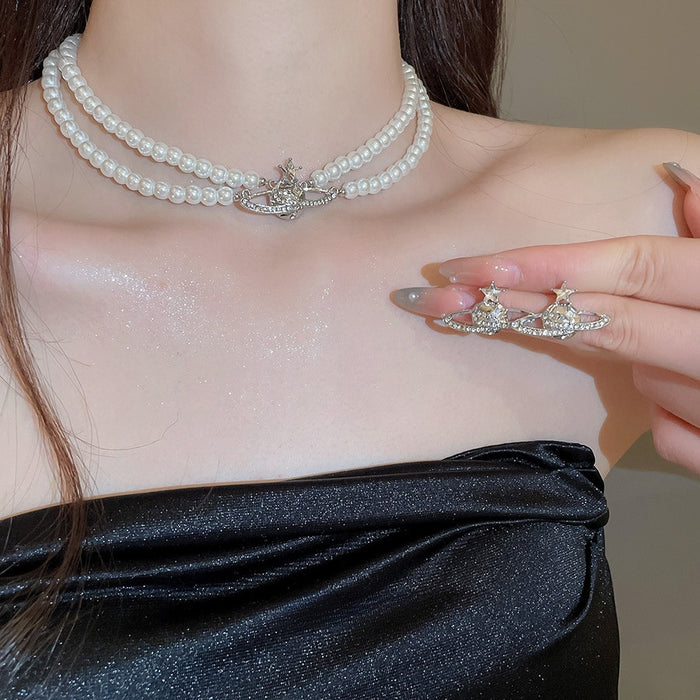 Light Luxury Faux Pearl Rhinestone Saturn Pendant Choker Necklace For Women