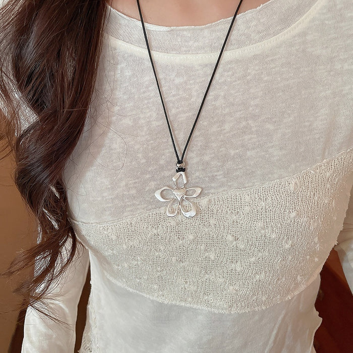 Silver Hollow Flower Black Cord Adjustable Choker Necklace Korean Minimalist Round Geometric Jewelry