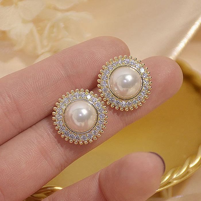 European Style Faux Pearl Sunflower Stud Earrings For Women, Elegant Light Luxury Jewelry