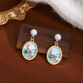 French Vintage Enamel 3D Flower Heart Pearl Dangle Earrings Sweet Garden Style Stud Earrings view 2