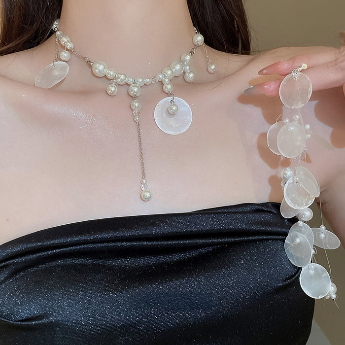 French Elegant Faux Pearl Shell Tassel Pendant Necklace Light Luxury Geometric Round Collarbone Jewelry