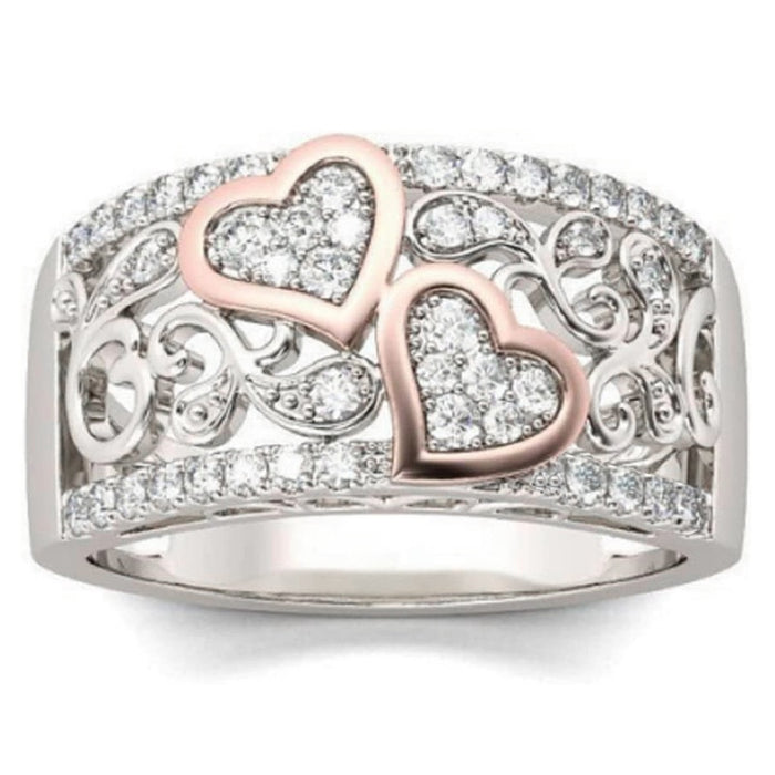 Two Tone Plated Rose Gold Heart Ring For Women, Sweet Fashion Zircon Heart Shape Jewelry