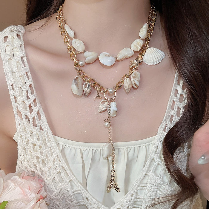 Light Luxury Faux Pearl Starfish Conch Layered Collarbone Necklace For Women