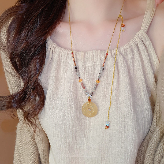 Ethnic Zen Gray Agate Round Bead Geometric Vintage Clavicle Sweater Necklace