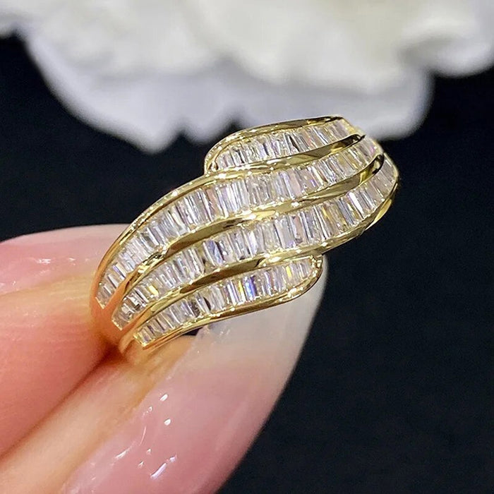 Wave Texture Ring For Women With Micro Paved Zircon Sparkling Fashion Light Luxury Jewelry