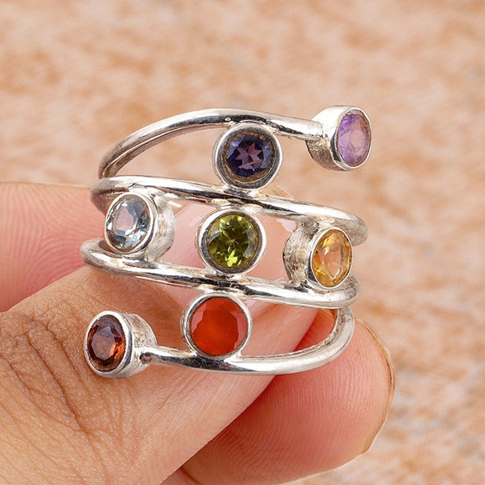 Irregular Combination Colorful Zircon Ring For Women, Multi Layer Wrapped Line Statement Jewelry
