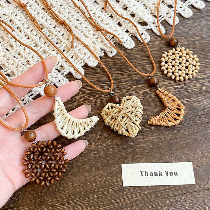 Bohemian Long Heart Woven Copper Zircon Necklace For Women Summer Beach Vacation Ethnic Round Geometric Jewelry