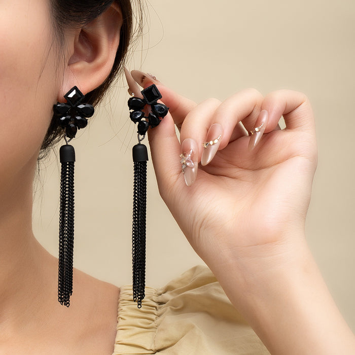 Luxury Black Rhinestone Crystal Cluster Studs With Long Chain Tassel Elegant Statement Earrings