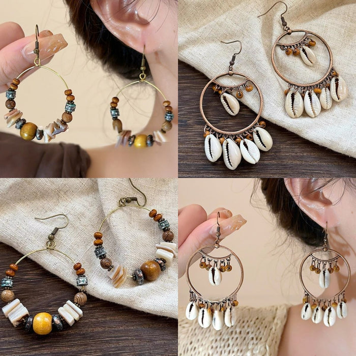 Shell Seed Bead Tassel Drop Earrings Bohemian Vintage Geometric Ethnic Ear Hook Jewelry