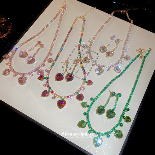 2026 New Light Luxury Copper Zircon Heart Tassel Necklace Earring Jewelry Set For Women
