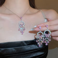 Copper Zircon Round Butterfly Tassel Necklace Earrings Jewelry Set French Light Luxury Style view 2
