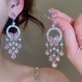 Copper Zircon Round Butterfly Tassel Necklace Earrings Jewelry Set French Light Luxury Style view 4