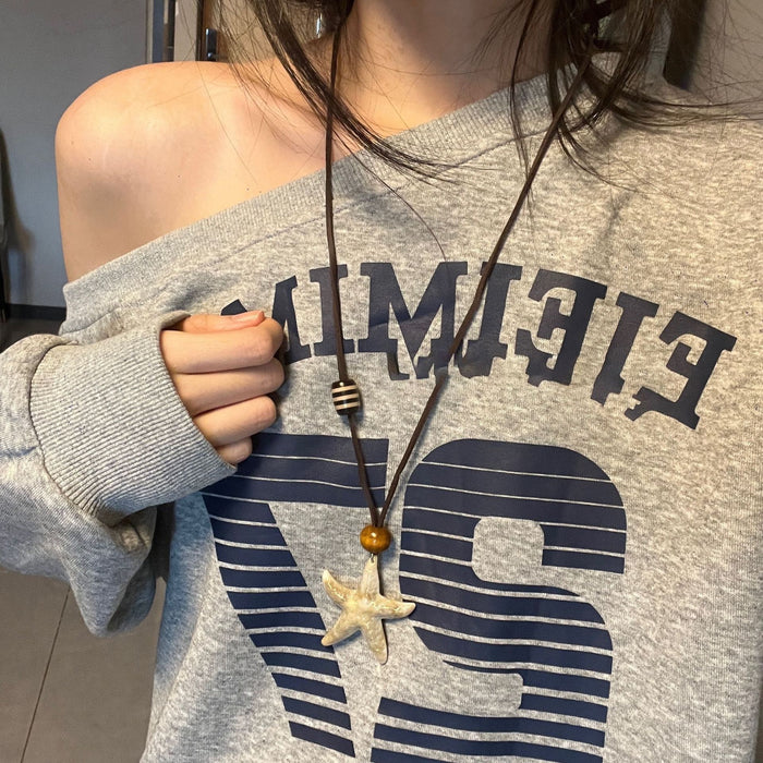 Resin Starfish Wood Bead Pendant Sweater Necklace, Vintage Vacation Style Women's Clavicle Chain